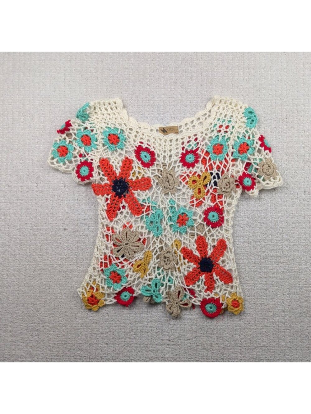Y2K Katsumi Crochet Top Open Knit Blouse Floral Beach Boho Folk Festival Sz S/M